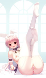 Rule 34 | 1girl, absurdres, animal ears, anus, armband, ass, bare shoulders, blush, bra, breasts, censored, cleavage, cleft of venus, cupless bra, fake animal ears, feet, full body, garter straps, headdress, heart, heart-shaped pupils, heart censor, highres, indoors, laoan, legs, legs up, leotard, long hair, looking at viewer, lying, medium breasts, nipples, no panties, on back, open mouth, original, pink eyes, pink hair, playboy bunny, pussy, rabbit ears, sideboob, smile, solo, symbol-shaped pupils, thighhighs, thighs, underboob, underwear, white headwear, white thighhighs