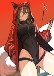Rule 34 | 1girl, absurdres, animal ears, arknights, black one-piece swimsuit, breasts, brown hair, casual one-piece swimsuit, closed mouth, covered navel, cowboy shot, dagger, ears through headwear, expressionless, from below, glint, gluteal fold, hand in pocket, highres, hood, hood up, hooded jacket, jacket, kaki z3, knife, large breasts, long sleeves, looking away, official alternate costume, one-piece swimsuit, open clothes, open jacket, projekt red (arknights), projekt red (light breeze) (arknights), red jacket, short hair, simple background, solo, swimsuit, tail, thighs, tossing, weapon, white background, wolf ears, wolf girl, wolf tail, yellow eyes