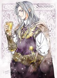 Rule 34 | 1boy, brown cape, cape, chalice, character name, closed mouth, cup, dated, from side, grey hair, highres, kazuki-mendou, looking at viewer, male focus, nibelungenlied, profile, purple eyes, purple robe, robe, scabbard, sheath, sheathed, sideways glance, siegfried (nibelungenlied), signature, smile, solo, standing, sword, weapon