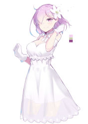 Rule 34 | 1girl, aosora kamiya, bare shoulders, breasts, bright pupils, choker, cleavage, closed mouth, cropped legs, dress, fate/grand order, fate (series), flower, gloves, hair flower, hair ornament, hair over one eye, highres, light purple hair, looking at viewer, mash kyrielight, mash kyrielight (formal dress), official alternate costume, purple eyes, ribbon choker, see-through, short hair, simple background, sleeveless, sleeveless dress, smile, standing, wedding dress, white background, white choker, white dress, white gloves