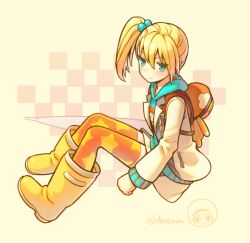 Rule 34 | 10s, 1girl, blonde hair, blue eyes, boots, deretta, edna (respected senior) (tales), edna (tales), multicolored clothes, multicolored legwear, normin (tales), official alternate costume, print thighhighs, rubber boots, school uniform, short hair, side ponytail, smile, solo, star (symbol), star print, tales of (series), tales of zestiria, thighhighs, yellow footwear
