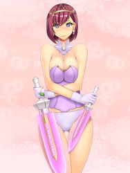 Rule 34 | 1girl, abu, alternate costume, breasts, cleavage, commentary request, dress, earrings, gloves, jewelry, knife, large breasts, nel zelpher, panties, pink background, purple eyes, red hair, short hair, solo, star ocean, star ocean till the end of time, underwear