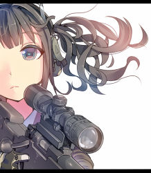 Rule 34 | 1girl, ai arctic warfare, black hair, blue eyes, bolt action, daito, ear protection, face, gun, letterboxed, original, rifle, scope, sniper rifle, solo, weapon, white background
