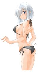 Rule 34 | 1girl, absurdres, ass, bikini, black bikini, blue eyes, breasts, cowboy shot, cropped legs, hair ornament, hair over one eye, hairclip, hamakaze (kancolle), highres, kantai collection, large breasts, looking at viewer, maonatten, short hair, side-tie bikini bottom, simple background, solo, standing, swimsuit, wet, wet clothes, wet swimsuit, white background, white hair