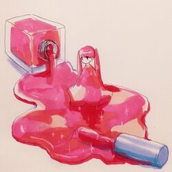 Rule 34 | 1girl, dress, highres, long hair, mini person, minigirl, monster girl, nail polish, nail polish bottle, nail polish brush, original, pink dress, pink hair, pink theme, puddle, simple background, sitting, slime girl, solo, sparkle, spill, spilling, tokunaga aoi, traditional media, twintails, white background