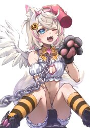 Rule 34 | 1girl, :3, :d, absurdres, angel, angel wings, animal ear fluff, animal ears, animal hands, blue eyes, blush, breasts, cleavage, cleavage cutout, clothing cutout, curry bowl, dog ears, dog girl, dog paws, dog tail, fangs, frilled shorts, frills, hair ornament, headpat, highres, hololive, hololive english, looking at viewer, medium hair, mococo abyssgard, multicolored hair, navel, open mouth, pink hair, short shorts, shorts, small breasts, smile, socks, solo, streaked hair, striped clothes, striped socks, tail, virtual youtuber, white background, white shorts, wings, x hair ornament