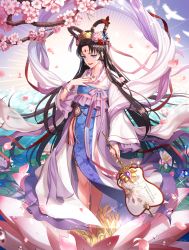 Rule 34 | 1girl, absurdres, bare legs, black hair, blue hair, cherry blossoms, eyebrows, flower, hand fan, hand on own chest, highres, holding, holding fan, japanese clothes, jewelry, lem tea, long hair, looking at viewer, lotus, original, parted bangs, ring, smile, standing