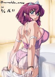 Rule 34 | 1girl, ass, blue eyes, blush, bra, breasts, crown, from behind, garter straps, henrietta de tristain, large breasts, lingerie, looking at viewer, looking back, momoshiba anzu, open mouth, panties, pentacle, pink bra, pink panties, princess, purple hair, shiny skin, short hair, solo, standing, thighhighs, tiara, underwear, underwear only, wedgie, white thighhighs, zero no tsukaima