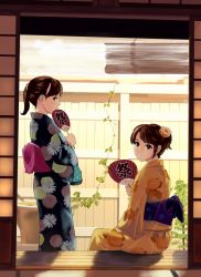 Rule 34 | 2girls, black eyes, black kimono, brown hair, commentary request, fence, fingernails, floral print, flower, from behind, hair flower, hair ornament, hand fan, holding, ivy, japanese clothes, kimono, looking at viewer, looking back, multiple girls, munakata (hisahige), orange flower, orange kimono, original, paper fan, parted lips, plant, ponytail, porch, potted plant, short hair, sitting, uchiwa, wooden fence, yukata
