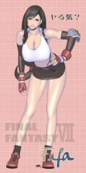 Rule 34 | 1990s (style), 1girl, belt, black hair, black socks, blouse, breasts, character name, character signature, cleavage, collarbone, copyright name, covered erect nipples, crop top, earrings, elbow pads, final fantasy, final fantasy vii, fingerless gloves, gloves, hand on own hip, huge breasts, jewelry, leaning forward, legs, lips, long hair, long legs, looking at viewer, midriff, miniskirt, navel, pencil skirt, red eyes, red gloves, retro artstyle, shirt, short hair, signature, skirt, smile, socks, solo, standing, suspender skirt, suspenders, taut clothes, taut shirt, thighs, tifa lockhart, very long hair, wakino keibun, white shirt