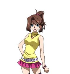 Rule 34 | 1girl, bare shoulders, belt, blue eyes, bracelet, breasts, brown hair, hand on own hip, jewelry, legs, mazaki anzu, miniskirt, official art, open mouth, ponytail, scrunchie, skirt, smile, thighhighs, yu-gi-oh!, yu-gi-oh! the dark side of dimensions, zettai ryouiki