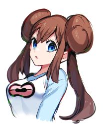 Rule 34 | 1girl, :o, blue eyes, blue sleeves, breasts, brown hair, creatures (company), cropped arms, cropped torso, double bun, game freak, hair between eyes, hair bun, highres, long hair, looking at viewer, medium breasts, nintendo, pokemon, pokemon bw2, print shirt, rosa (pokemon), shirt, simple background, sketch, solo, twintails, very long hair, white background, white shirt, yuihico