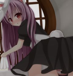 Rule 34 | 1girl, alternate costume, animal ears, apron, bent over, black dress, blush, breasts, chestnut mouth, chimunge, dress, enmaided, large breasts, long hair, looking at viewer, looking back, maid, maid apron, open mouth, panties, pantyshot, pink panties, puffy sleeves, purple hair, rabbit ears, rabbit girl, rabbit tail, rag, red eyes, reisen udongein inaba, sash, short sleeves, solo, standing, striped clothes, striped panties, tail, touhou, underwear, upskirt, very long hair, waist apron