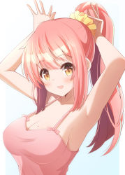 Rule 34 | 1girl, armpits, arms behind head, arms up, breasts, bunny1219, cleavage, highres, long hair, looking at viewer, mole, mole on breast, open mouth, original, pink hair, pink shirt, ponytail, shirt, solo, white background, yellow eyes