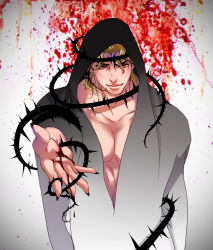 Rule 34 | 1boy, black nails, blonde hair, blood, blood splatter, cloak, dio brando, fangs, groin, jojo no kimyou na bouken, large pectorals, less end, male focus, muscular, muscular male, nail polish, naked cloak, out-of-frame censoring, outstretched hand, pectorals, plant, red eyes, solo, stardust crusaders, thorns, vampire, vines
