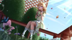 Rule 34 | 1girl, absurdres, artist name, artist request, bare legs, black footwear, blue sky, blush, breasts, brown hair, bug, butterfly, cloud, cowboy shot, day, earrings, female focus, flower earrings, flower wreath, full body, hair between eyes, head wreath, head wreath removed, highres, insect, jewelry, koizumi hanayo, love live!, love live! school idol project, outdoors, parted lips, puffy short sleeves, puffy sleeves, purple eyes, shirt, shoes, short hair, short sleeves, sitting, skirt, sky, small breasts, smile, solo, usagi chin, white detached collar, white legwear