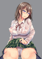 Rule 34 | 1girl, blush, breasts, brown hair, clothes lift, covered erect nipples, eburi a, large breasts, long hair, original, panties, plaid, plaid skirt, purple eyes, school uniform, see-through, simple background, skirt, skirt lift, solo, underwear, wet, wet clothes, wet panties