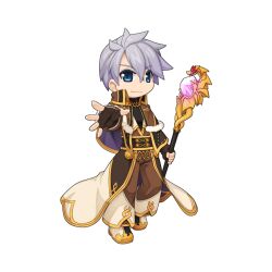 Rule 34 | 1boy, arch mage (ragnarok online), black footwear, black gloves, black sash, black shirt, blue eyes, brown capelet, brown coat, brown pants, capelet, chibi, closed mouth, coat, fingerless gloves, full body, gem, gloves, gold trim, grey hair, hair between eyes, heel up, high collar, holding, holding staff, long bangs, looking at viewer, mage staff, magic, male focus, official art, pants, purple gemstone, ragnarok online, reaching, reaching towards viewer, sash, shirt, shoes, short hair, simple background, smile, solo, staff, standing, tachi-e, transparent background, turtleneck, turtleneck shirt, two-tone footwear, white footwear, yuichirou