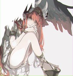 Rule 34 | 1girl, bracelet, circe (fate), closed mouth, dress, ebanoniwa, fate/grand order, fate (series), feathered wings, fingernails, hands on own knees, head wings, jewelry, legs, long hair, looking at viewer, nail polish, pink hair, pink nails, pointy ears, short dress, simple background, solo, thighs, very long hair, wings