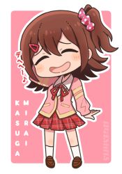 Rule 34 | arm behind head, blush stickers, bow, bowtie, brown footwear, brown hair, character name, checkered clothes, checkered skirt, commentary, closed eyes, hair ornament, hairclip, highres, idolmaster, idolmaster million live!, jacket, kakeru (apple blossom), kasuga mirai, long sleeves, medium hair, pink background, pink jacket, pink scrunchie, polka dot, red skirt, scrunchie, shirt, side ponytail, skirt, smile, socks, solo, white shirt, white socks