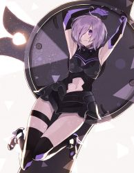 Rule 34 | 1girl, ahoge, armor, armored dress, armpits, arms up, backlighting, black gloves, black thighhighs, breasts, clothing cutout, dutch angle, elbow gloves, fate/grand order, fate (series), gloves, hair over one eye, high heels, highres, holding, holding shield, looking at viewer, mash kyrielight, medium breasts, navel, navel cutout, parted lips, purple eyes, purple gloves, purple hair, senmu (senmudayo), shade, shield, short hair, solo, thigh strap, thighhighs, thighs, triangle