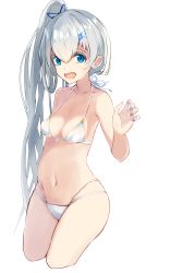 Rule 34 | 1girl, :d, bad id, bad pixiv id, bare arms, bare shoulders, bikini, blue eyes, blue ribbon, breasts, claw pose, cleavage, collarbone, colored eyelashes, cropped legs, hair ornament, hair ribbon, hairclip, hand up, highres, long hair, looking at viewer, nail polish, navel, open mouth, original, purple nails, ribbon, side ponytail, silver hair, simple background, small breasts, smile, solo, stomach, swimsuit, tebi (tbd11), thighs, white background, white bikini