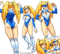 Rule 34 | 1990s (style), 1girl, ass, bare shoulders, blonde hair, blue eyes, boots, breasts, cleavage, cleavage cutout, clothing cutout, concept art, detached sleeves, diepod, flexing, groin, hand on own hip, high collar, highleg, highleg leotard, large breasts, leotard, long hair, long twintails, mask, microphone, nipple slip, nipples, open mouth, rainbow mika, retro artstyle, shouting, smile, street fighter, street fighter zero (series), thick thighs, thigh boots, thighhighs, thighs, toned, tongue, tongue out, twintails, watermark, web address