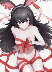 Rule 34 | 1girl, absurdres, animal ears, april (arknights), arknights, arm support, bad id, bad pixiv id, black hair, blush, breasts, collarbone, commentary, cowboy shot, dated, fang, fang out, grey background, hair between eyes, highres, long hair, looking at viewer, medium breasts, naked ribbon, navel, nude, purple eyes, rabbit ears, red ribbon, ribbon, simple background, solo, stomach, thighs, y0ung