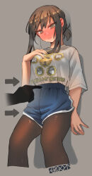 Rule 34 | 1girl, alternate costume, artist logo, artist name, black hair, black pantyhose, blue shorts, blush, closed mouth, clothes writing, commentary, cropped legs, dolphin shorts, english commentary, ergot, feet out of frame, fubuki (kancolle), green eyes, grey background, highres, jewelry, kantai collection, pantyhose, ring, shirt, short hair, short ponytail, short sleeves, shorts, simple background, solo, wedding ring, white shirt