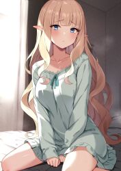 Rule 34 | 1girl, absurdres, blonde hair, blue eyes, blush, breasts, collarbone, elf, green shirt, highres, large breasts, long hair, long sleeves, looking at viewer, pointy ears, princess connect!, saren (princess connect!), shirt, sidelocks, sitting, sixteenpo, solo, thighs, wariza