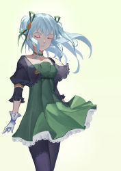 Rule 34 | 1girl, al2, black pantyhose, blue hair, capelet, choker, closed eyes, collarbone, cowboy shot, cropped jacket, detached collar, dress, frilled dress, frills, gloves, green background, green dress, hair ribbon, highres, light, lips, long hair, original, pantyhose, ponytail, puffy short sleeves, puffy sleeves, ribbon, short dress, short sleeves, sidelocks, simple background, solo, standing, white gloves