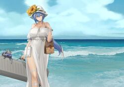 Rule 34 | 1girl, bag, bare shoulders, beach, belt, blue eyes, blue hair, blue sky, breasts, choker, cleavage, closed mouth, cloud, cloudy sky, collarbone, commentary, day, dress, feet out of frame, flower, hair between eyes, hat, hat flower, highres, holding, huge breasts, kny yy, large breasts, long hair, looking at viewer, ocean, off shoulder, original, outdoors, see-through, see-through dress, side slit, sky, smile, solo, standing, sun hat, sundress, sunflower, symbol-only commentary, thighs, very long hair, water, waves, white dress, white hat, wrist cuffs