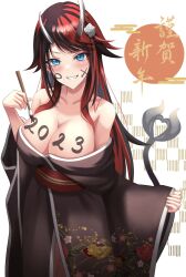 Rule 34 | 1girl, 2023, alternate costume, balflear (oe19nlud), black hair, black kimono, blue eyes, blush, body writing, breasts, cleavage, commentary request, cowboy shot, demon girl, demon horns, demon tail, flower, grin, hair flower, hair ornament, highres, holding, holding paintbrush, horns, japanese clothes, kimono, large breasts, long hair, looking at viewer, multicolored hair, nanashi inc., off shoulder, paintbrush, pointy ears, red hair, ryugasaki rene, sleeves past wrists, smile, solo, sugar lyric, tail, two-tone hair, virtual youtuber, white background, white flower, wide sleeves