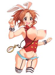 Rule 34 | 10s, 1girl, abe nana, animal ears, bad id, bad pixiv id, bare shoulders, black panties, blush, bouncing breasts, breastless clothes, breasts, breasts out, brown eyes, brown hair, buttons, cleavage, clock, double-breasted, fake animal ears, flying sweatdrops, framed breasts, garter straps, groin, huge breasts, idolmaster, idolmaster cinderella girls, long hair, mars symbol, microskirt, nash (na-si), navel, nipples, open mouth, panties, pocket watch, ponytail, rabbit ears, simple background, skirt, solo, striped clothes, striped thighhighs, thighhighs, underwear, venus symbol, watch, white background, wrist cuffs
