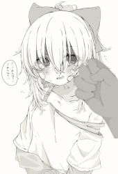 Rule 34 | 1girl, bandaid, bandaid on face, bite mark, bow, bruise, bruise on face, clenched hand, crop top, crossed bangs, disembodied hand, fang, hair bow, highres, imminent punch, injury, layered sleeves, long hair, long sleeves, looking at viewer, monochrome background, mushoku loli, mushoku loli (character), open mouth, original, ponytail, scared, shaded face, short over long sleeves, short sleeves, strap slip, sweat, tears, translated, trembling