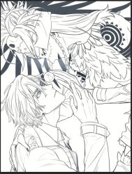 Rule 34 | 2boys, arm tattoo, aztec, black lips, black nails, blonde hair, braid, coat, daybit sem void, earth (planet), facepaint, fate/grand order, fate (series), gloves, gold necklace, hair ornament, headdress, holding planet, jewelry, long hair, long sleeves, male focus, monochrome, multiple boys, necklace, orb, planet, profile, short hair, shoulder tattoo, simple background, skull, skull hair ornament, smile, tattoo, tezcatlipoca (fate), tezcatlipoca (third ascension) (fate), thunderkalel, traditional clothes, trench coat, twin braids, upper body, white background