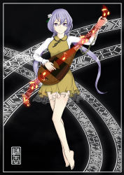 Rule 34 | 1girl, bare legs, barefoot, beamed quavers, biwa lute, black background, brown dress, chain, dress, flower, full body, gaouu, glowing, grin, hair flower, hair ornament, instrument, long hair, long sleeves, looking at viewer, lute (instrument), music, musical note, playing instrument, purple eyes, purple hair, quaver, short dress, simple background, smile, solo, staff (music), touhou, treble clef, tsukumo benben, twintails