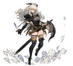 Rule 34 | 1girl, belt, black cloak, black gloves, boots, breasts, cloak, commission, dagger, elbow gloves, gloves, high heels, holding, holding dagger, holding knife, holding sword, holding weapon, horns, kemomin nosuke, knife, long hair, medium breasts, original, pointy ears, short shorts, shorts, skeb commission, solo, sword, thigh boots, thigh strap, thighhighs, very long hair, weapon, white background, white hair, yellow eyes