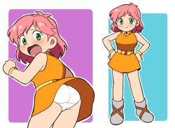 Rule 34 | 1girl, ass, blush, dress, embarrassed, female focus, final fantasy, final fantasy v, full body, green eyes, lenna charlotte tycoon, looking at viewer, looking back, multiple views, open mouth, panties, pink hair, smile, solo, underwear, upskirt, yume yoroi