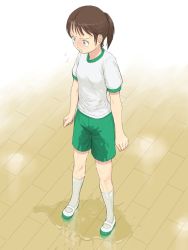 Rule 34 | 1girl, arms at sides, blush, breasts, brown hair, clenched hands, closed mouth, constricted pupils, female focus, flying sweatdrops, from above, full body, green footwear, green shorts, grey eyes, gym uniform, indoors, kneehighs, nose blush, original, pee, pee stain, peeing, peeing self, ponytail, puddle, shirt, shoes, short hair, short sleeves, shorts, small breasts, socks, solo, standing, tears, uwabaki, wet, wet clothes, white shirt, white socks, wooden floor, yzk
