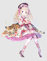 Rule 34 | 1girl, :d, animal, blonde hair, blush, floral print, full body, grey background, hanbok, hat, knees together feet apart, korean clothes, lolita fashion, long hair, lying, macciatto (aciel02), on stomach, open mouth, original, pantyhose, print legwear, purple eyes, shoes, simple background, sleeves past wrists, smile, sparkle, striped clothes, striped legwear, striped pantyhose, tiger, twintails, v arms