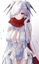 Rule 34 | 1girl, arm behind back, blush, bodysuit, breasts, cinderella (nikke), cleavage cutout, clothing cutout, goddess of victory: nikke, grin, large breasts, leg cutout, long hair, looking at viewer, navel, navel cutout, red eyes, red scarf, scarf, smile, solo, twintails, umbsy gi, very long hair, white bodysuit, white hair