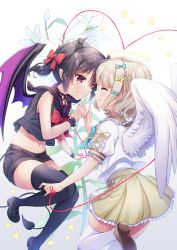 Rule 34 | 2girls, angel and devil, angel wings, bare shoulders, black hair, black legwear, black shirt, black shorts, bow, bowtie, choker, commentary request, crop top, crop top overhang, demon girl, demon horns, demon tail, demon wings, closed eyes, flower, frilled skirt, frills, grin, hair bow, halo, highres, horns, index finger raised, kisukekun, lily (flower), loafers, long hair, looking at another, midriff, miniskirt, multiple girls, navel, original, pointy ears, red eyes, sailor collar, shirt, shirt overhang, shoes, short shorts, shorts, skirt, sleeveless, sleeveless shirt, smile, stomach, tail, thighhighs, twintails, undershirt, white flower, white legwear, white shirt, wings, wristband, yellow skirt, zettai ryouiki