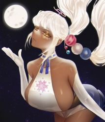 Rule 34 | 1girl, absurdres, blue bow, blue skirt, bow, breasts, dark-skinned female, dark skin, dress, elbow gloves, gloves, hair ornament, halterneck, highres, hololive, hololive english, large breasts, light brown hair, limiter (tsukumo sana), long hair, looking at viewer, moon, planet hair ornament, sidelocks, skin tight, skirt, space, spiralnoww1, tsukumo sana, tsukumo sana (1st costume), twintails, virtual youtuber, white dress, white gloves, yellow eyes