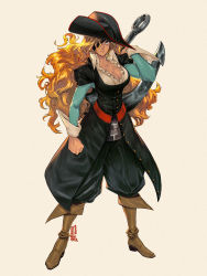 Rule 34 | 1girl, anchor, backlighting, big hair, black pants, blonde hair, boots, breasts, brown footwear, buttons, capcom, cleavage, clenched hand, coattails, commentary, curly hair, david liu, english commentary, eyepatch, frilled shirt collar, frills, full body, hat, high collar, highres, holding, holding weapon, huge weapon, knee boots, large breasts, long hair, long sleeves, marvel vs. capcom, marvel vs. capcom 2, pants, pants tucked in, pirate, pirate hat, puffy pants, ruby heart, solo, standing, tricorne, weapon, wrist cuffs