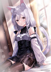 Rule 34 | 1girl, absurdres, animal ear fluff, animal ears, black skirt, black thighhighs, breasts, cat ears, cat girl, cat tail, detached sleeves, expressionless, high-waist skirt, highres, himura moritaka, long hair, long sleeves, looking at viewer, original, shirt, sitting, skirt, small breasts, sunlight, tail, thighhighs, white hair, white shirt, window