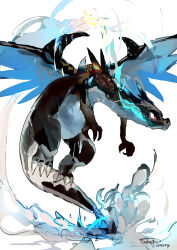 absurdres blue_fire charizard claws closed_mouth creature creatures_(company) dragon fire flame-tipped_tail flying game_freak gen_1_pokemon grin highres horns mega_charizard_x mega_pokemon mega_stone monster nintendo no_humans pokemon pokemon_(creature) red_eyes signature smile smoke solo steam sukepmonster tagme white_background