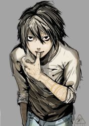 Rule 34 | 1boy, bags under eyes, biting, biting own thumb, black hair, death note, grey background, hair between eyes, highres, hiranko, l (death note), male focus, shirt, shueisha, simple background, solo, standing, t-shirt, tattoo, thumb biting