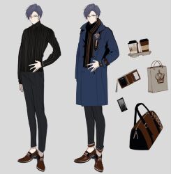Rule 34 | 1boy, arm at side, bag, black pants, black scarf, black sweater, blue coat, blue eyes, blue hair, brown bag, brown footwear, cellphone, character sheet, clarence clayden, closed mouth, coat, cross-laced footwear, cup, disposable cup, equipment layout, glasses, grey background, long sleeves, looking at viewer, lovebrush chronicles, male focus, mole, mole under eye, nineo, official art, pants, paper bag, phone, ribbed sweater, satchel, scarf, shoes, shopping bag, short hair, simple background, smartphone, smile, standing, striped clothes, striped scarf, sweater, swept bangs, tray, turtleneck, turtleneck sweater, variations, wallet
