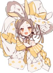 Rule 34 | 1girl, animal ears, arm up, artist name, bow, brown hair, highres, jikuno, open mouth, original, rabbit ears, simple background, sleeves past fingers, sleeves past wrists, solo, upper body, white background, witch, yellow bow, yellow eyes